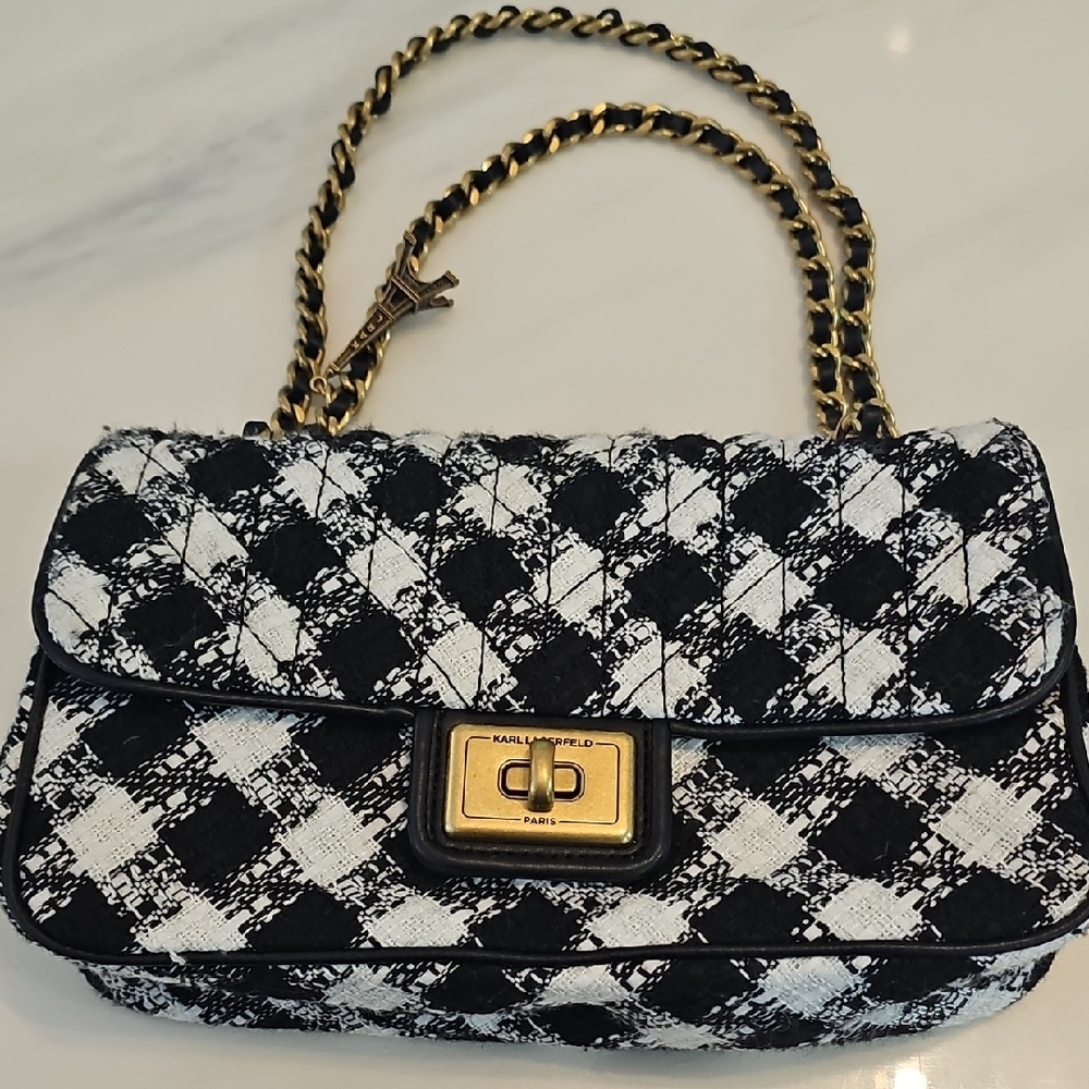 Karl Lagerfeld Black and White Plaid Shoulder Bag